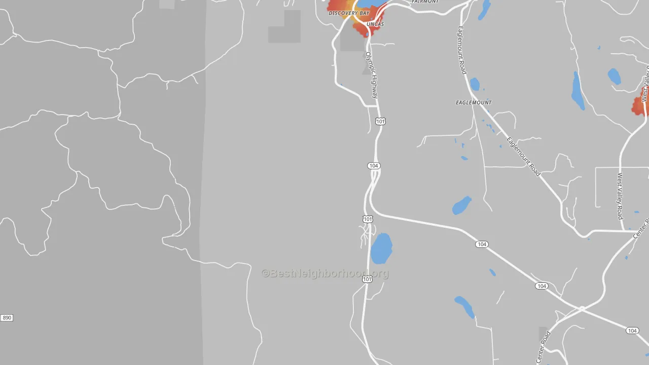 Walk Grade map of Discovery Bay, WA, walkable areas in green and car-dependent areas in red