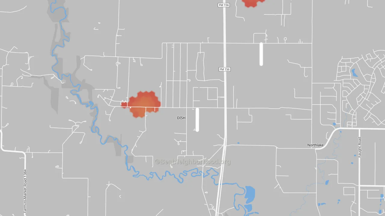 Walk Grade map of DISH, TX, walkable areas in green and car-dependent areas in red