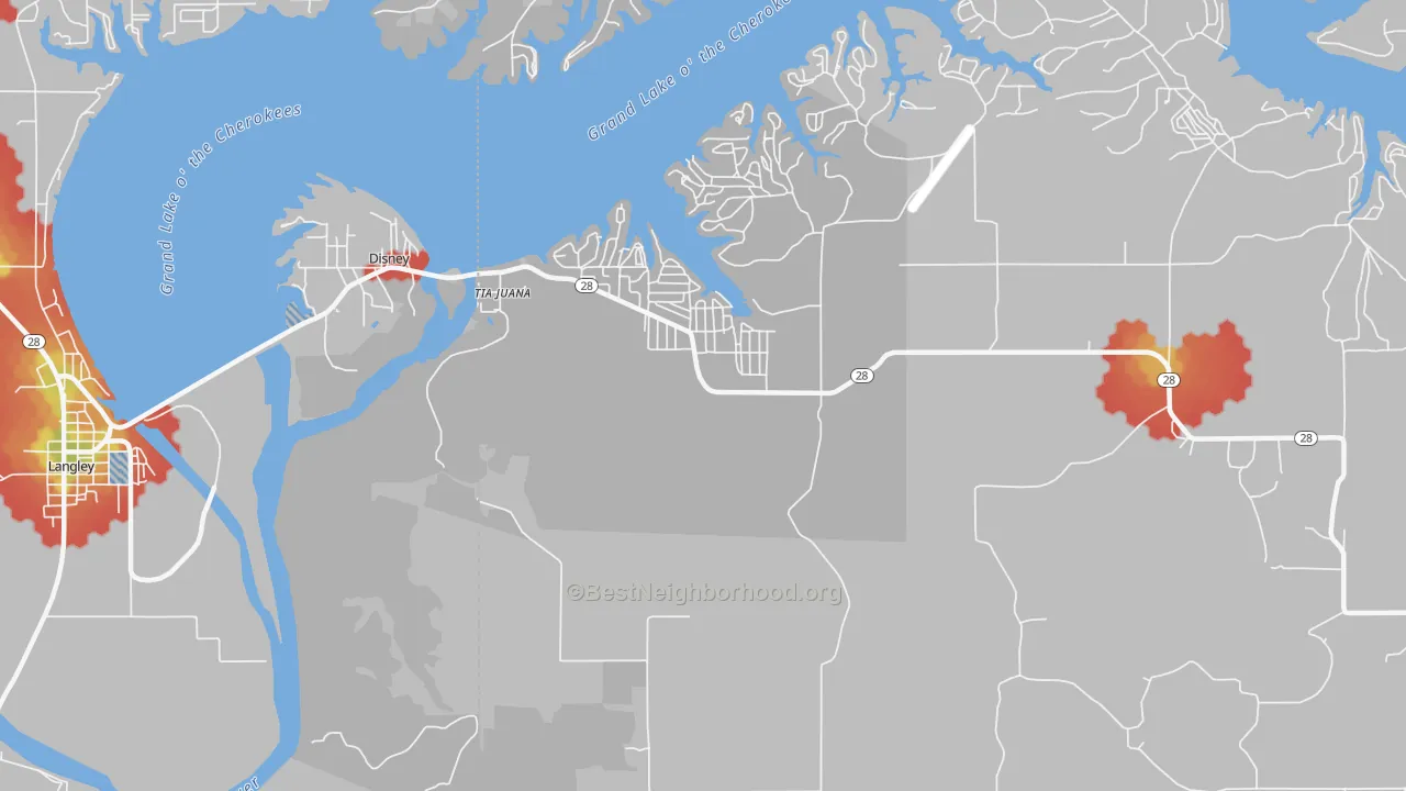 Walk Grade map of Disney, OK, walkable areas in green and car-dependent areas in red