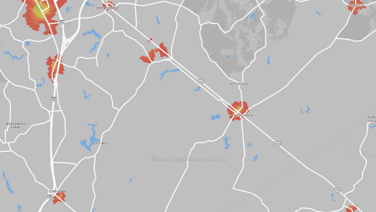Walk Grade map of Disputanta, VA, walkable areas in green and car-dependent areas in red