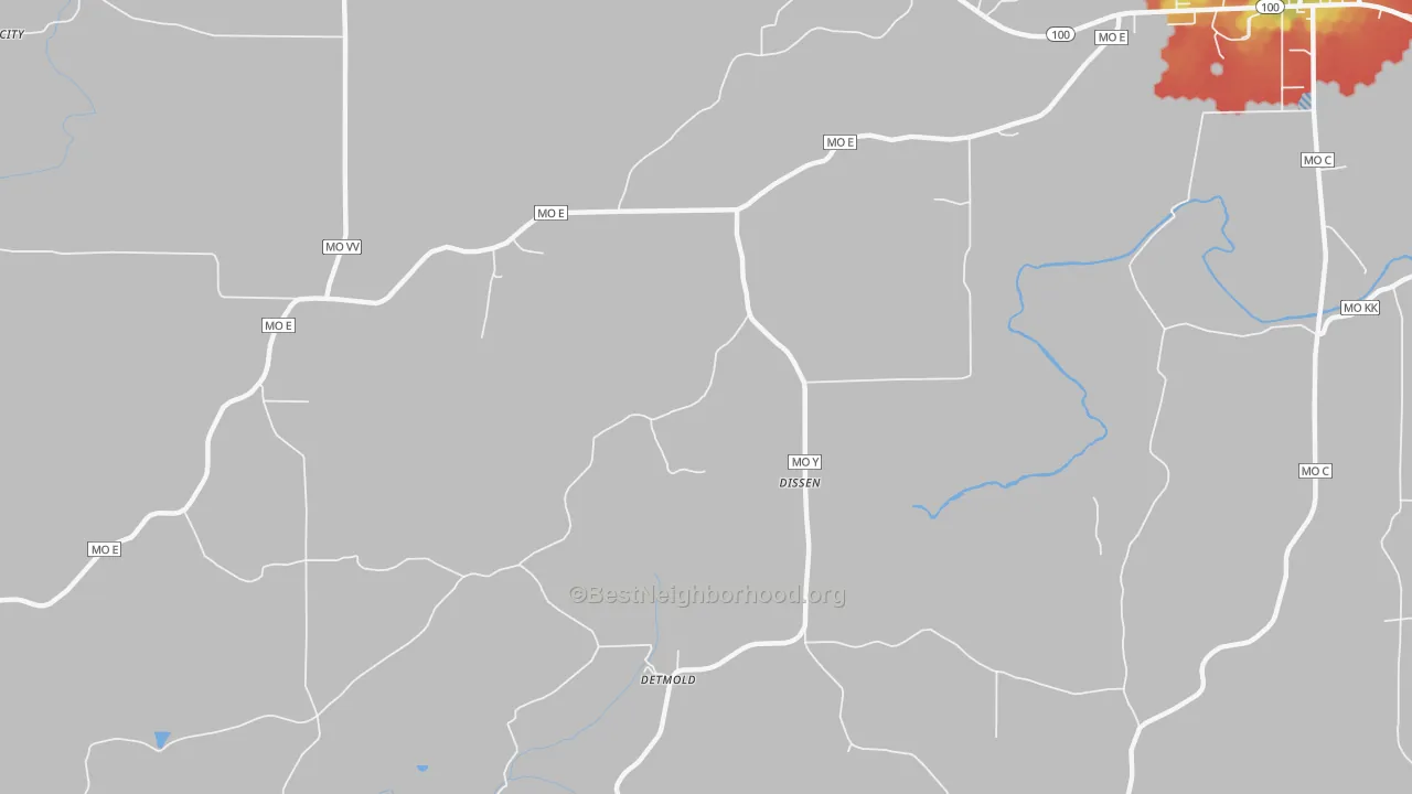 Walk Grade map of Dissen, MO, walkable areas in green and car-dependent areas in red
