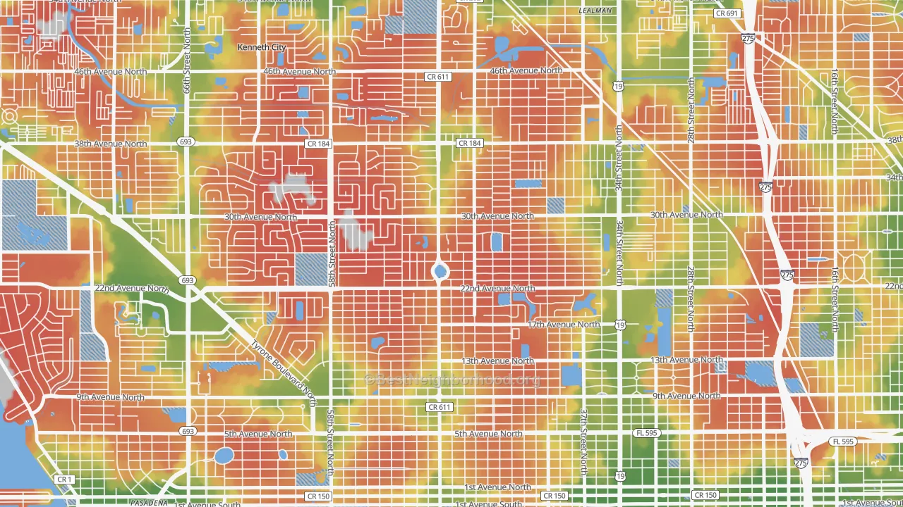 Walk Grade map of Disston Heights, St. Petersburg, FL, walkable areas in green and car-dependent areas in red
