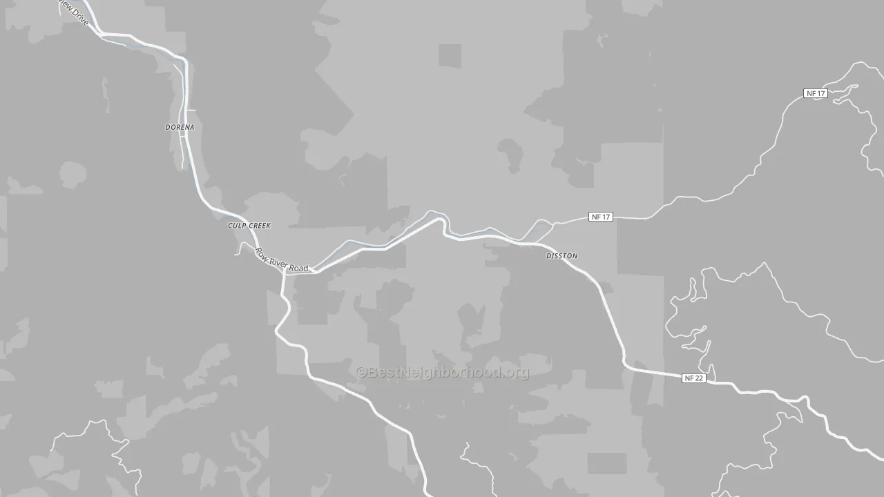 Walk Grade map of Disston, OR, walkable areas in green and car-dependent areas in red