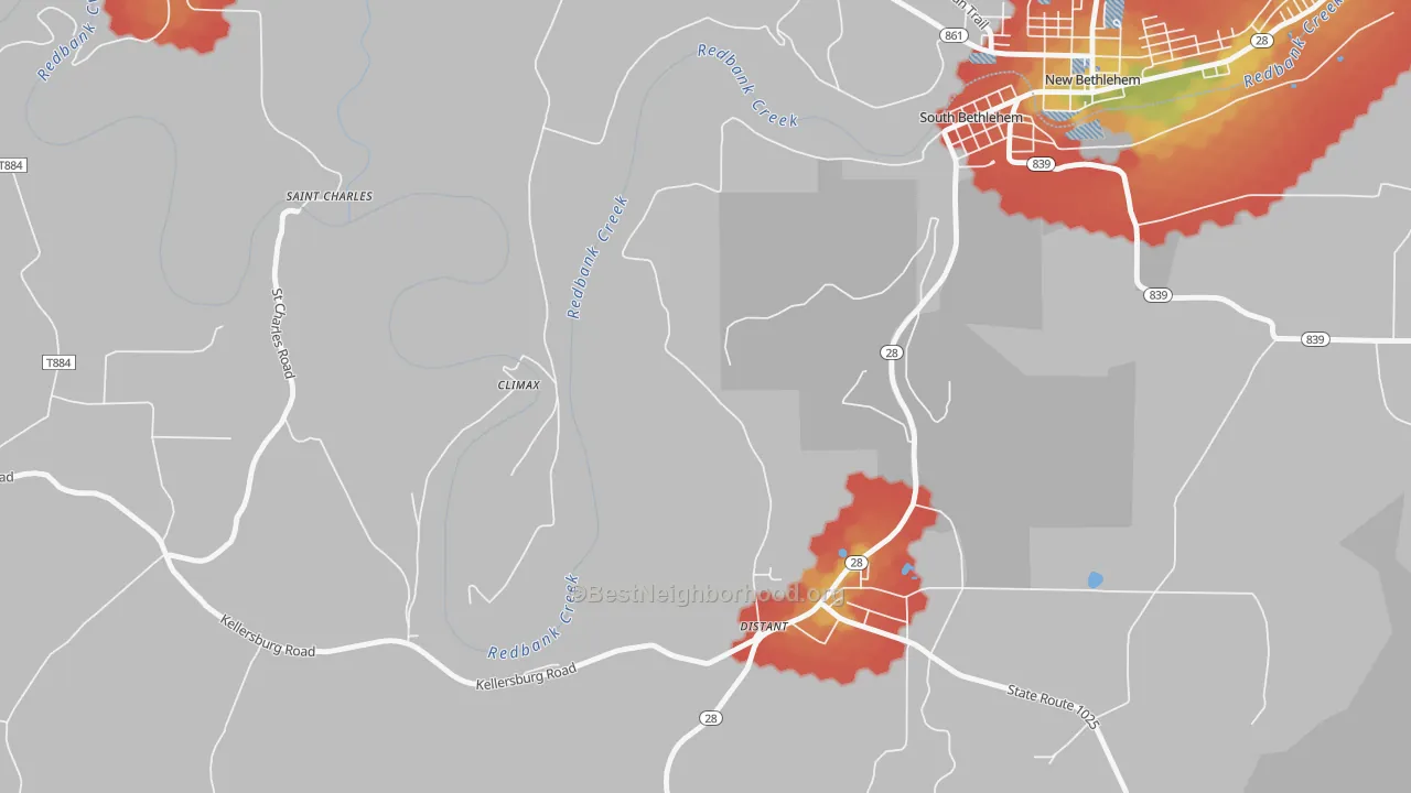 Walk Grade map of Distant, PA, walkable areas in green and car-dependent areas in red