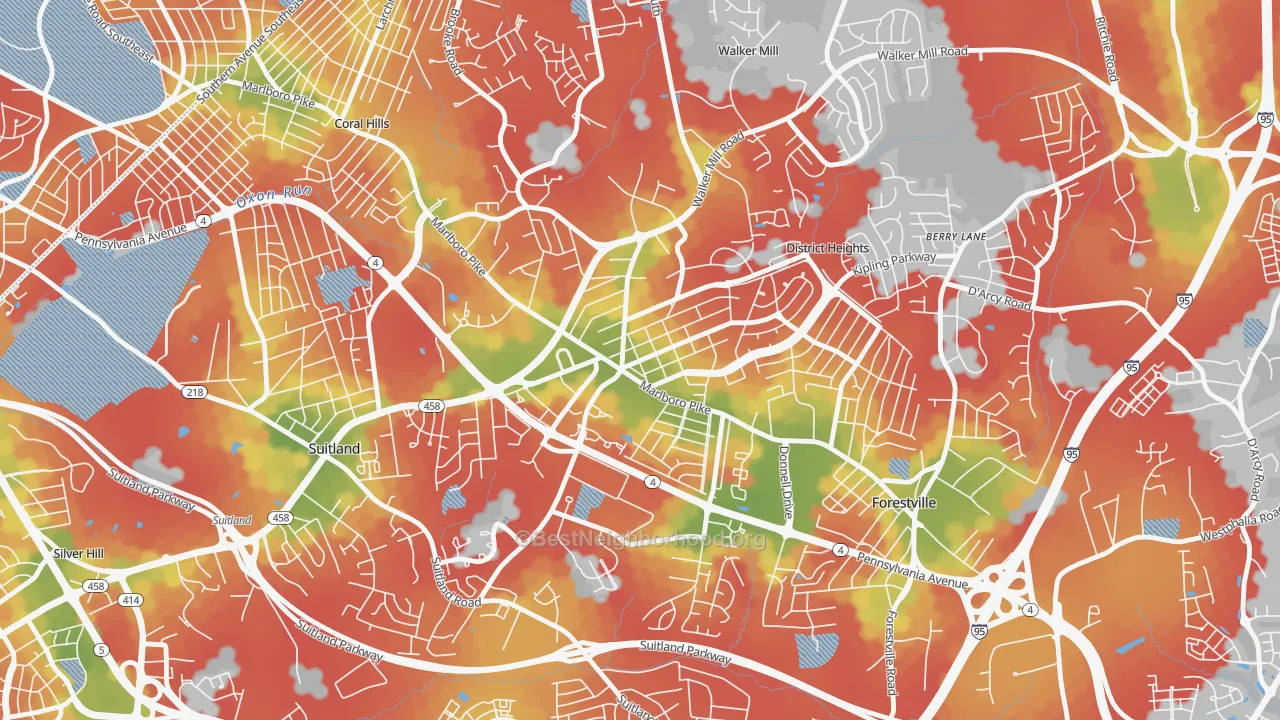 Walk Grade map of District Heights, MD, walkable areas in green and car-dependent areas in red