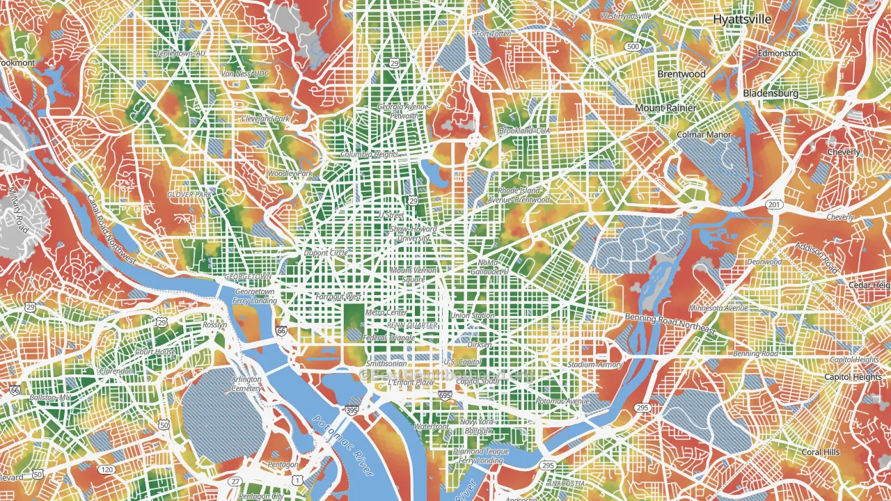 Walk Grade map of District of Columbia, DC, walkable areas in green and car-dependent areas in red