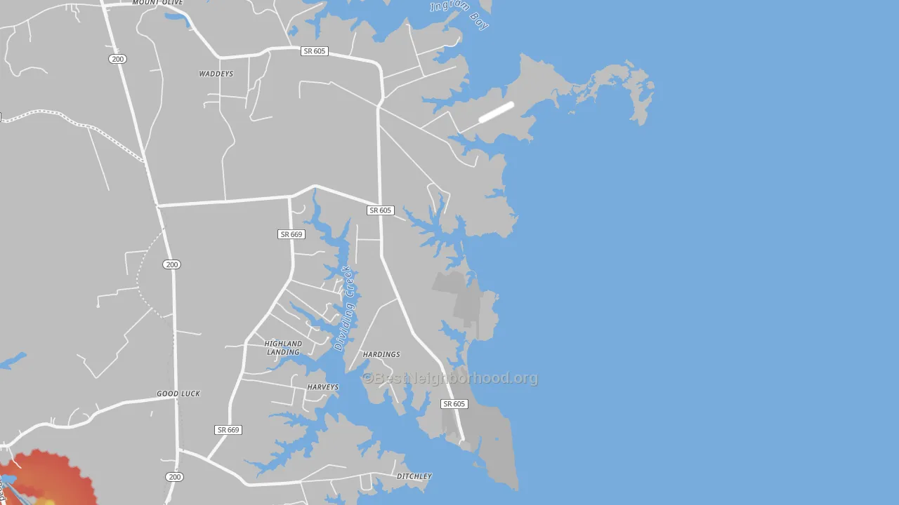 Walk Grade map of Ditchley, VA, walkable areas in green and car-dependent areas in red