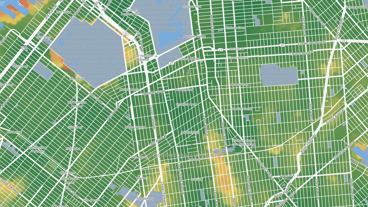 Walk Grade map of Ditmas Park, Brooklyn, NY, walkable areas in green and car-dependent areas in red