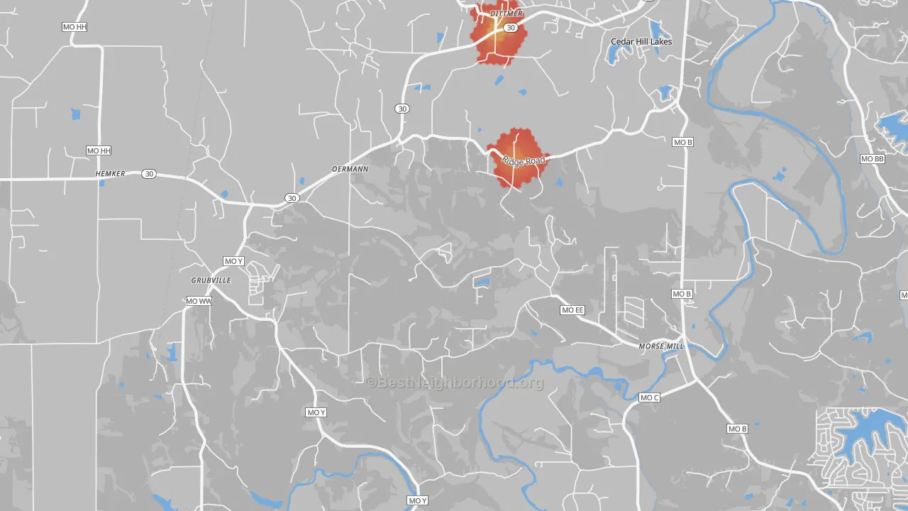 Walk Grade map of Dittmer, MO, walkable areas in green and car-dependent areas in red