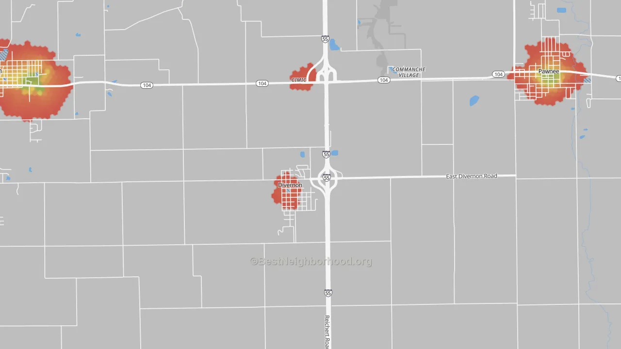 Walk Grade map of Divernon, IL, walkable areas in green and car-dependent areas in red