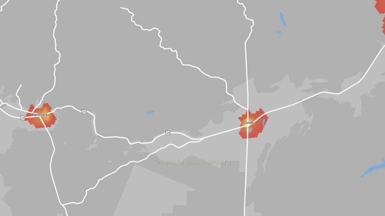 Walk Grade map of Divide, CO, walkable areas in green and car-dependent areas in red