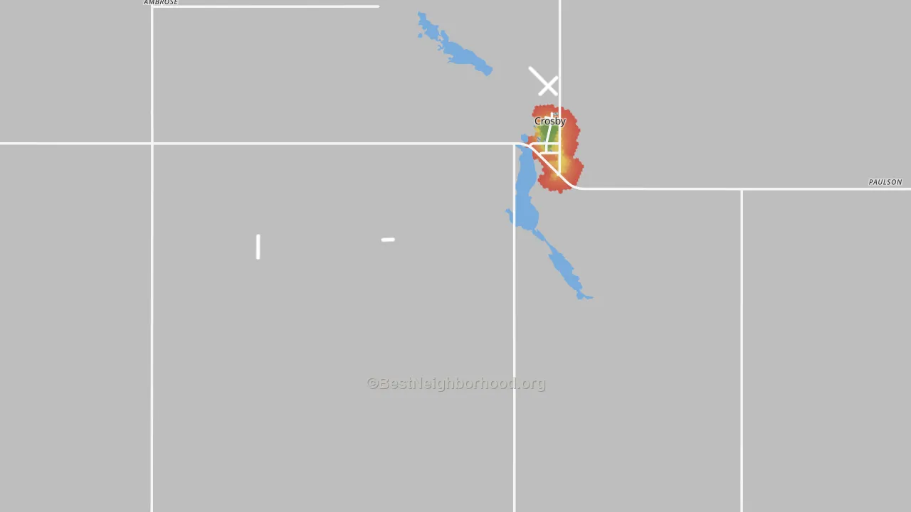 Walk Grade map of Divide County, ND, walkable areas in green and car-dependent areas in red