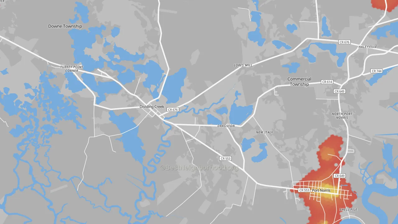 Walk Grade map of Dividing Creek, NJ, walkable areas in green and car-dependent areas in red