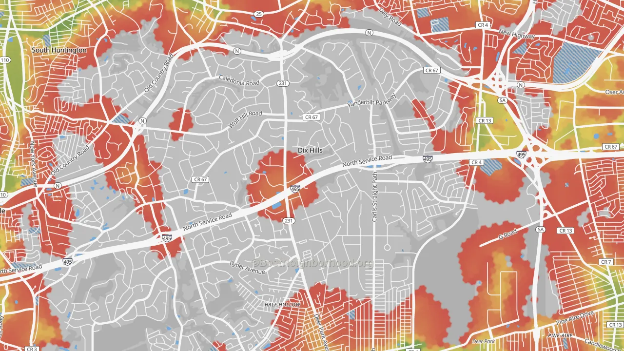 Walk Grade map of Dix Hills, NY, walkable areas in green and car-dependent areas in red