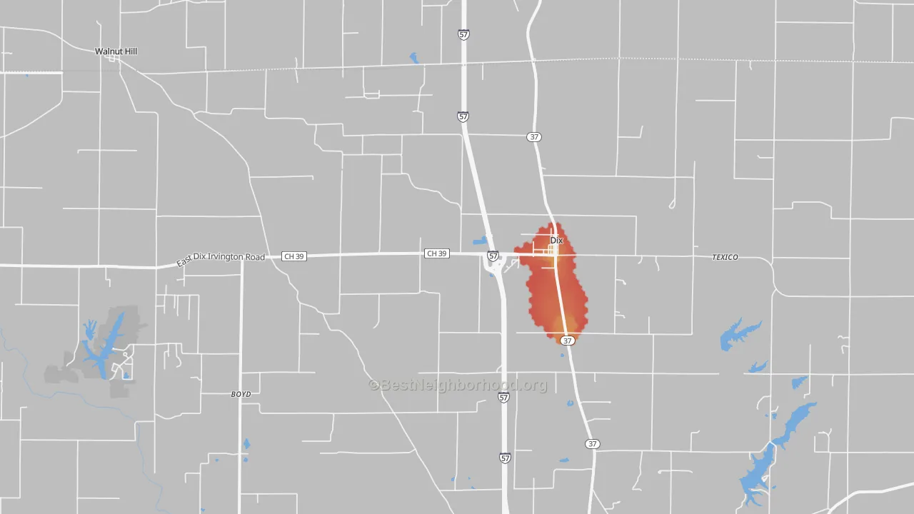Walk Grade map of Dix, IL, walkable areas in green and car-dependent areas in red