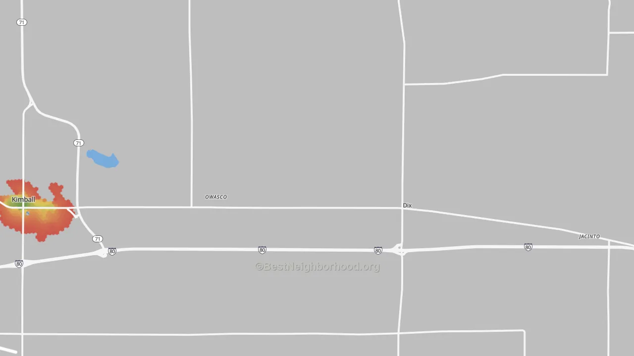 Walk Grade map of Dix, NE, walkable areas in green and car-dependent areas in red