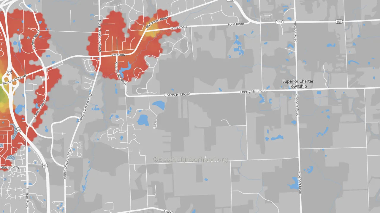 Walk Grade map of Dixboro, MI, walkable areas in green and car-dependent areas in red