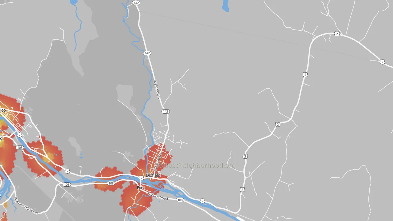 Walk Grade map of Dixfield, ME, walkable areas in green and car-dependent areas in red
