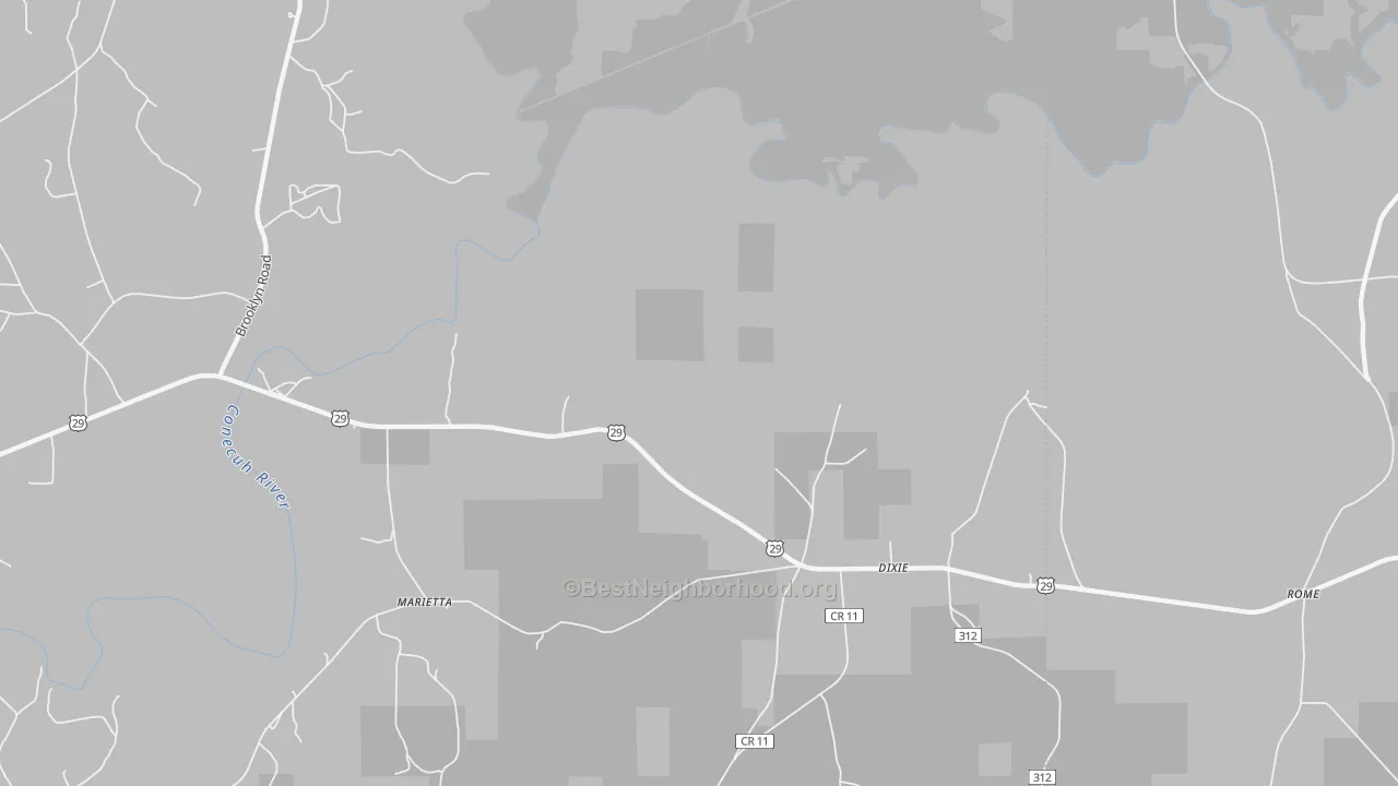 Walk Grade map of Dixie, AL, walkable areas in green and car-dependent areas in red