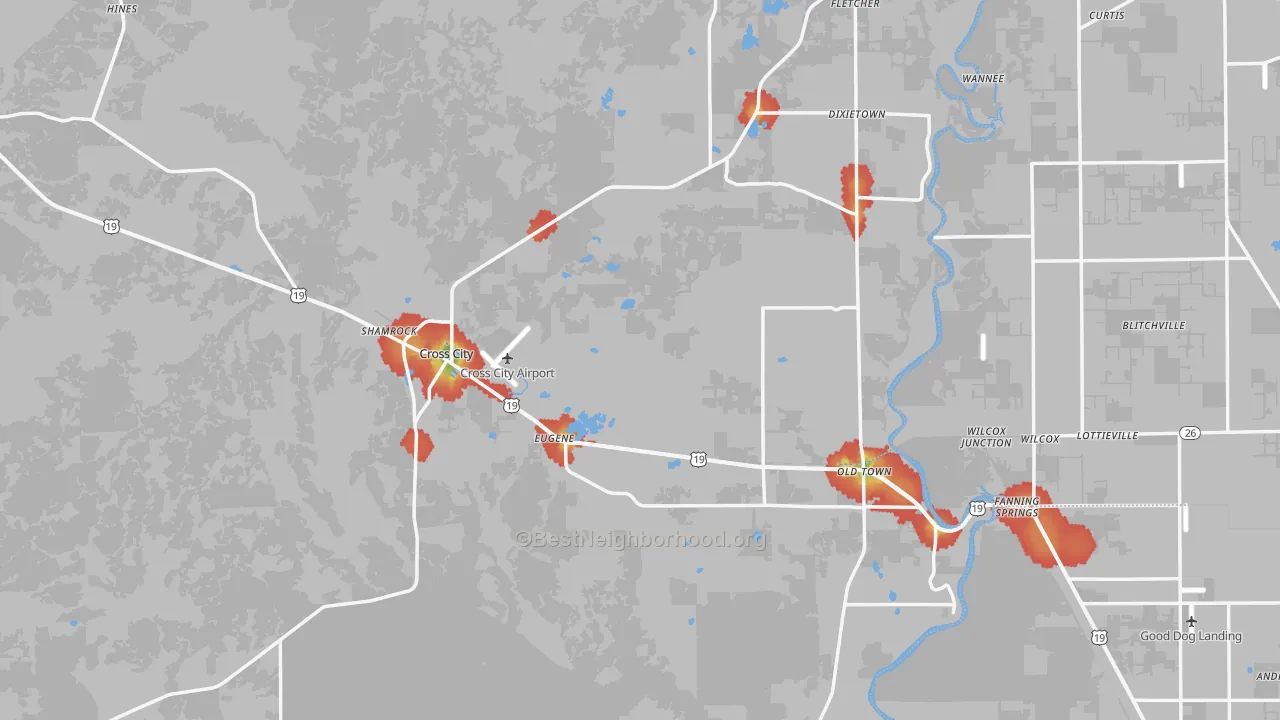 Walk Grade map of Dixie County, FL, walkable areas in green and car-dependent areas in red