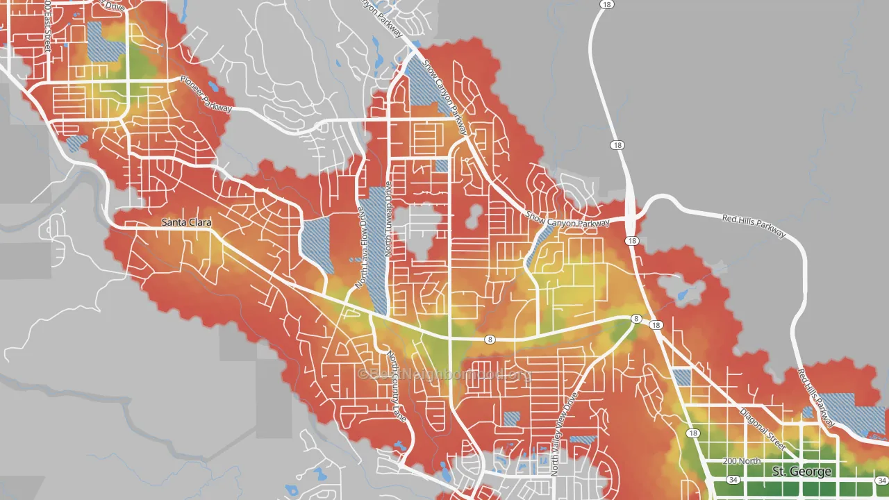 Walk Grade map of Dixie Downs, St. George, UT, walkable areas in green and car-dependent areas in red