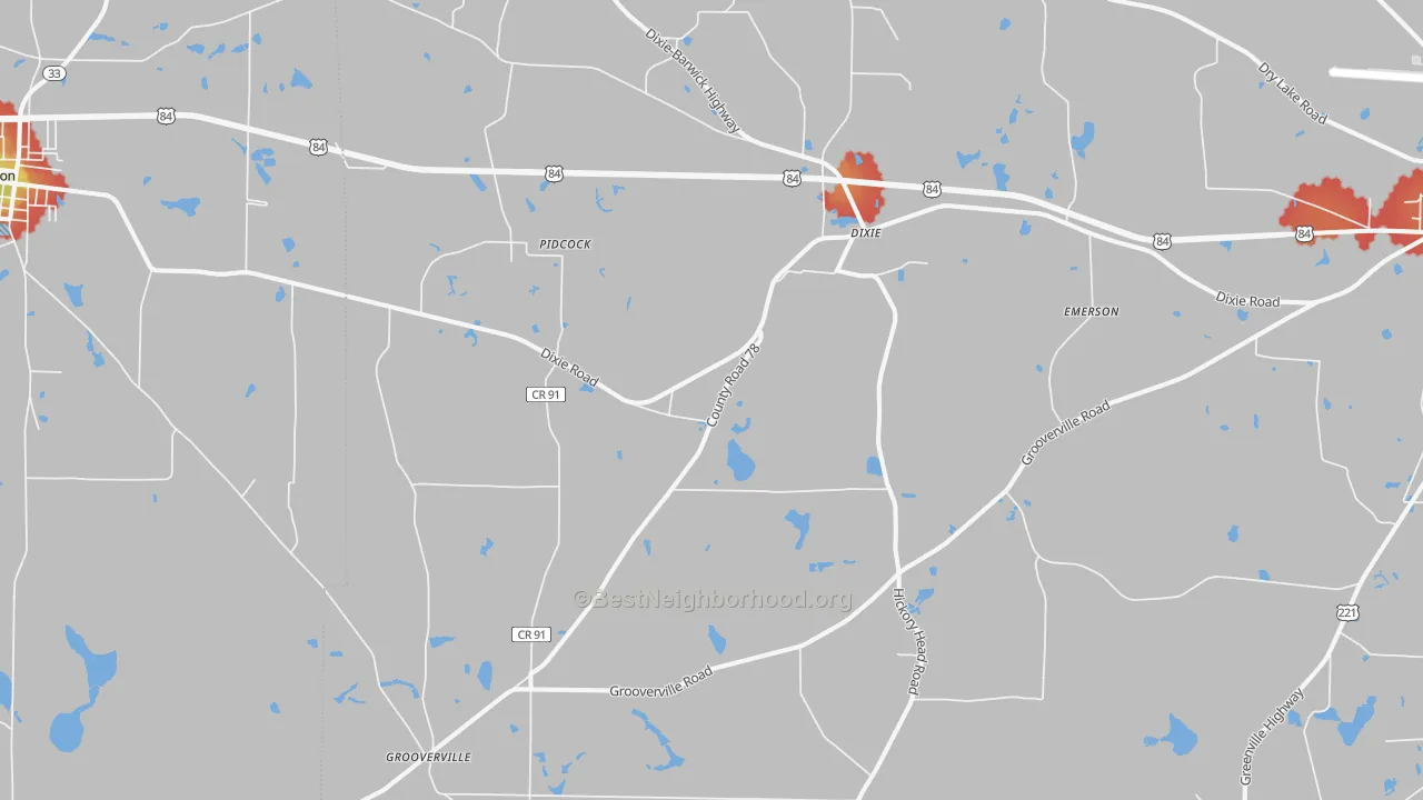 Walk Grade map of Dixie, GA, walkable areas in green and car-dependent areas in red