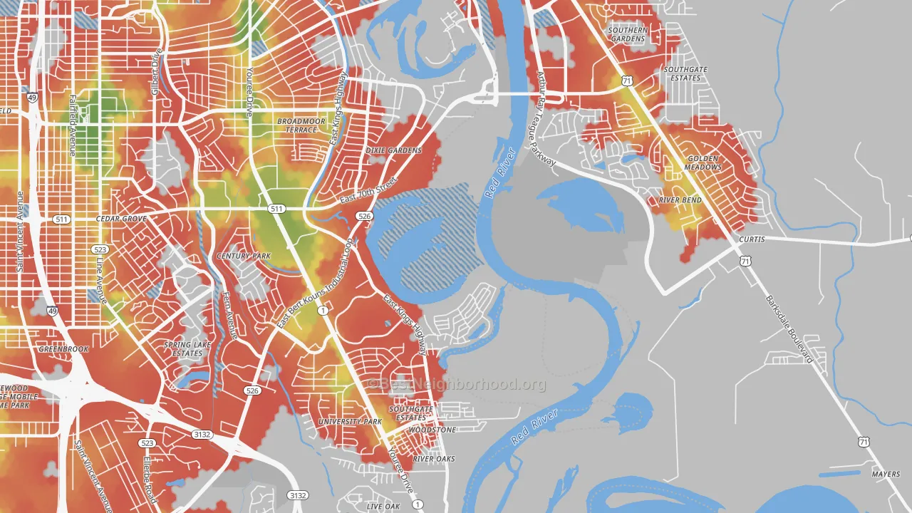 Walk Grade map of Dixie Gardens, LA, walkable areas in green and car-dependent areas in red