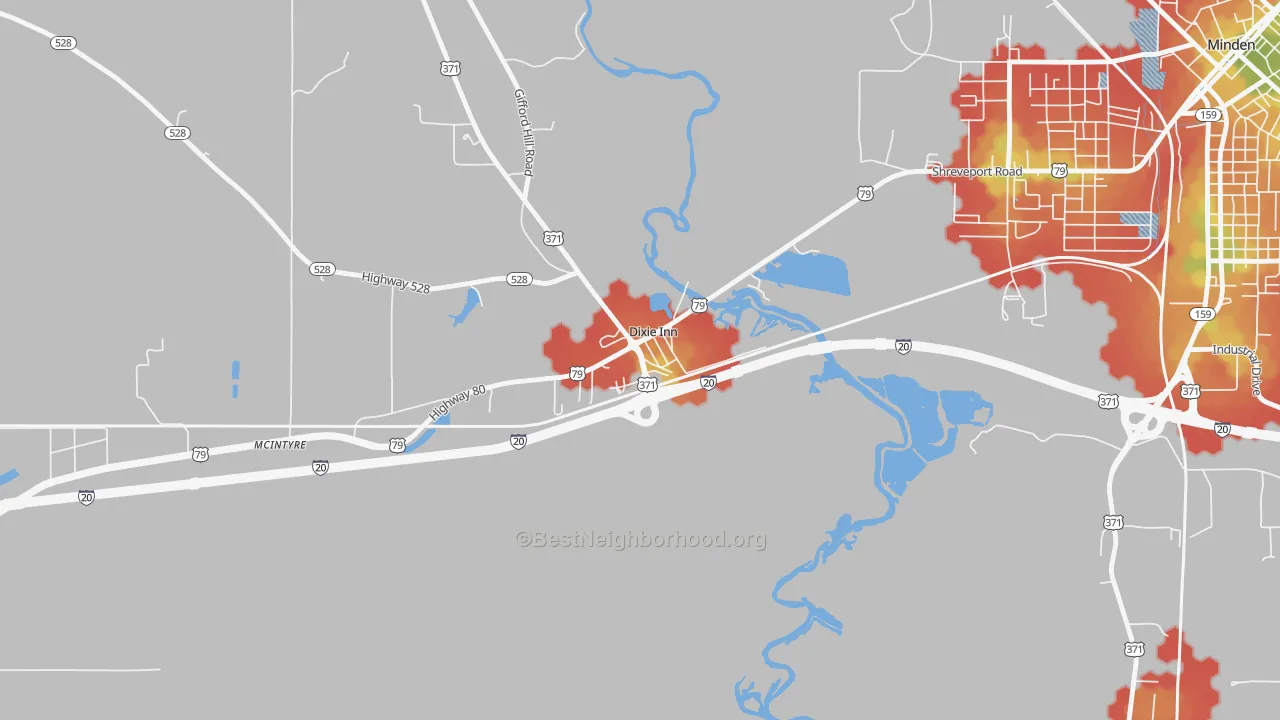 Walk Grade map of Dixie Inn, LA, walkable areas in green and car-dependent areas in red