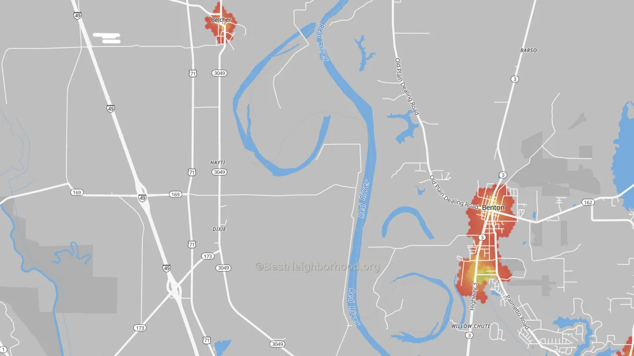 Walk Grade map of Dixie, LA, walkable areas in green and car-dependent areas in red