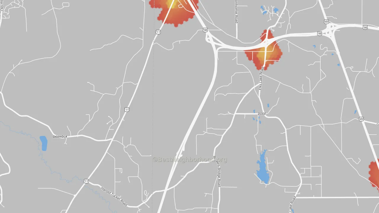 Walk Grade map of Dixie, MS, walkable areas in green and car-dependent areas in red