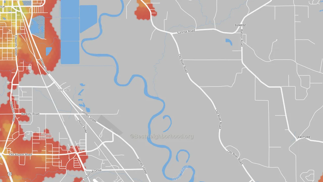 Walk Grade map of Dixie Pine, MS, walkable areas in green and car-dependent areas in red