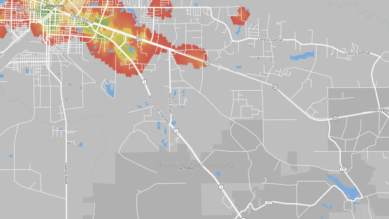 Walk Grade map of Dixie Union, GA, walkable areas in green and car-dependent areas in red
