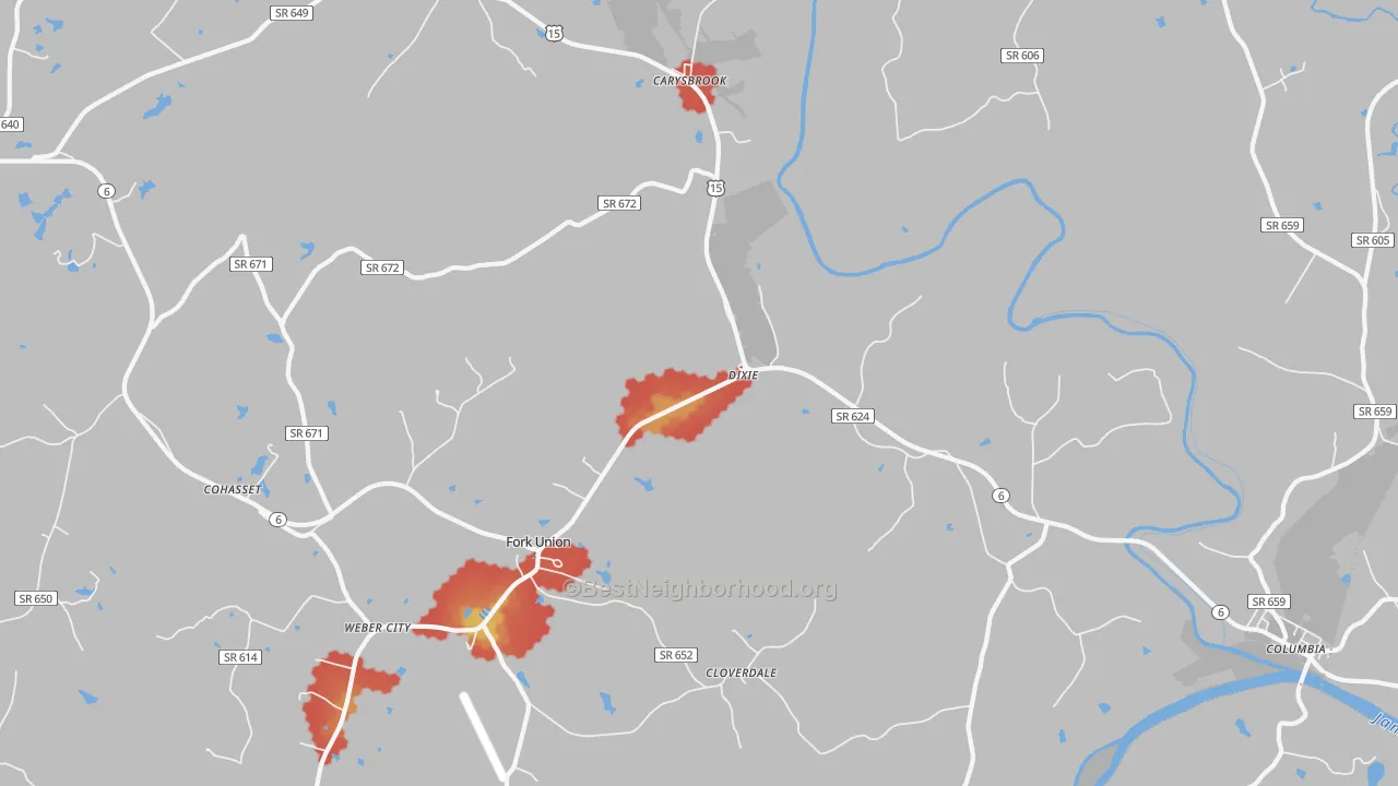 Walk Grade map of Dixie, VA, walkable areas in green and car-dependent areas in red
