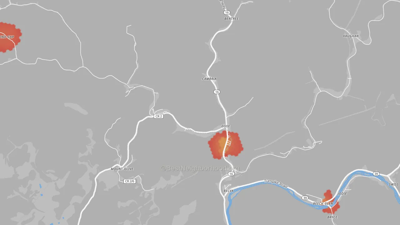 Walk Grade map of Dixie, WV, walkable areas in green and car-dependent areas in red