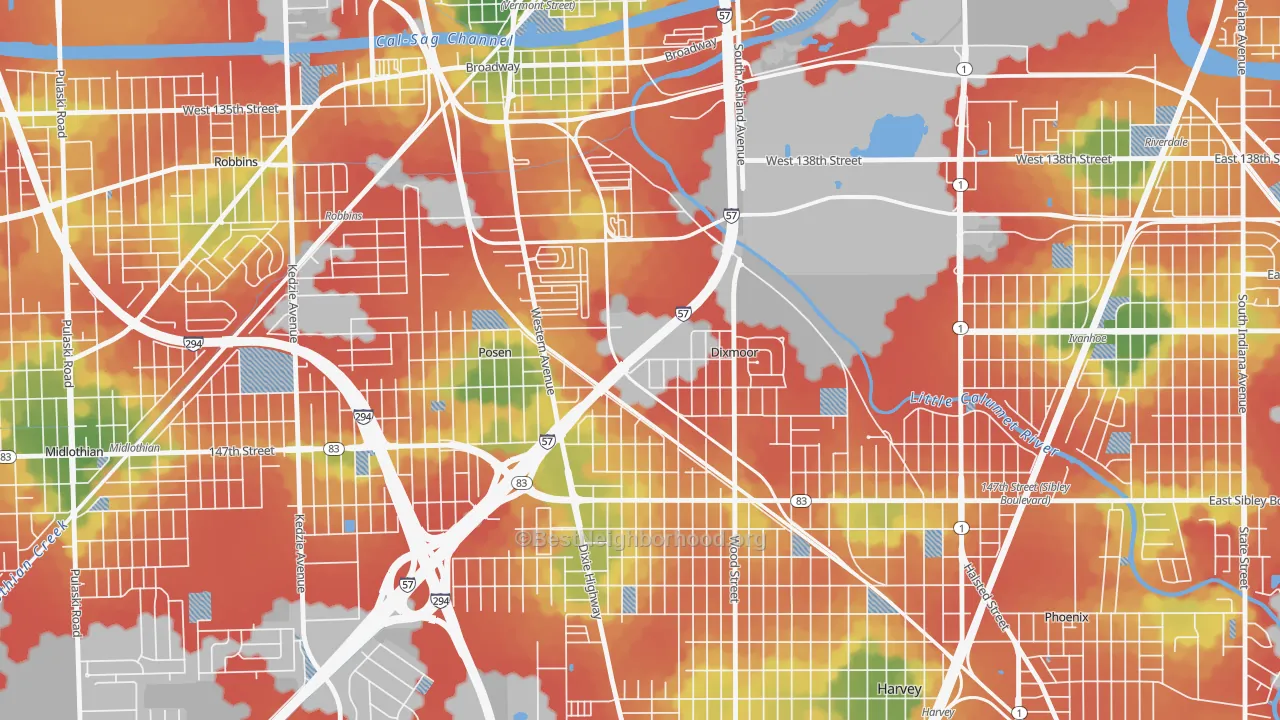 Walk Grade map of Dixmoor, IL, walkable areas in green and car-dependent areas in red