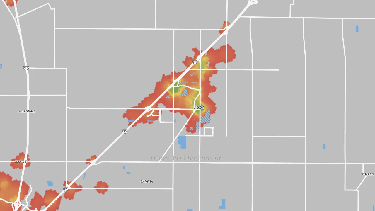 Walk Grade map of Dixon, CA, walkable areas in green and car-dependent areas in red