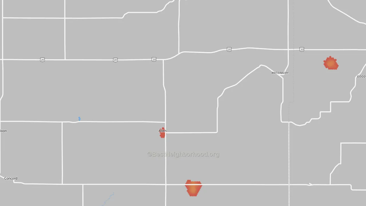 Walk Grade map of Dixon County, NE, walkable areas in green and car-dependent areas in red