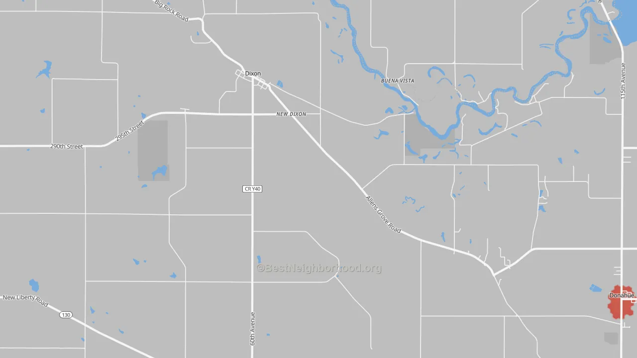 Walk Grade map of Dixon, IA, walkable areas in green and car-dependent areas in red
