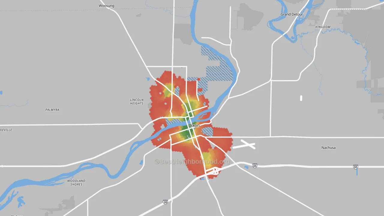 Walk Grade map of Dixon, IL, walkable areas in green and car-dependent areas in red