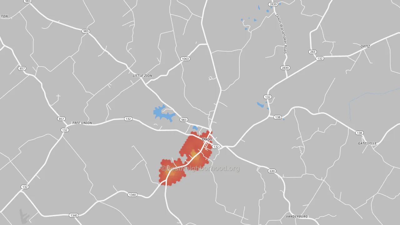 Walk Grade map of Dixon, KY, walkable areas in green and car-dependent areas in red