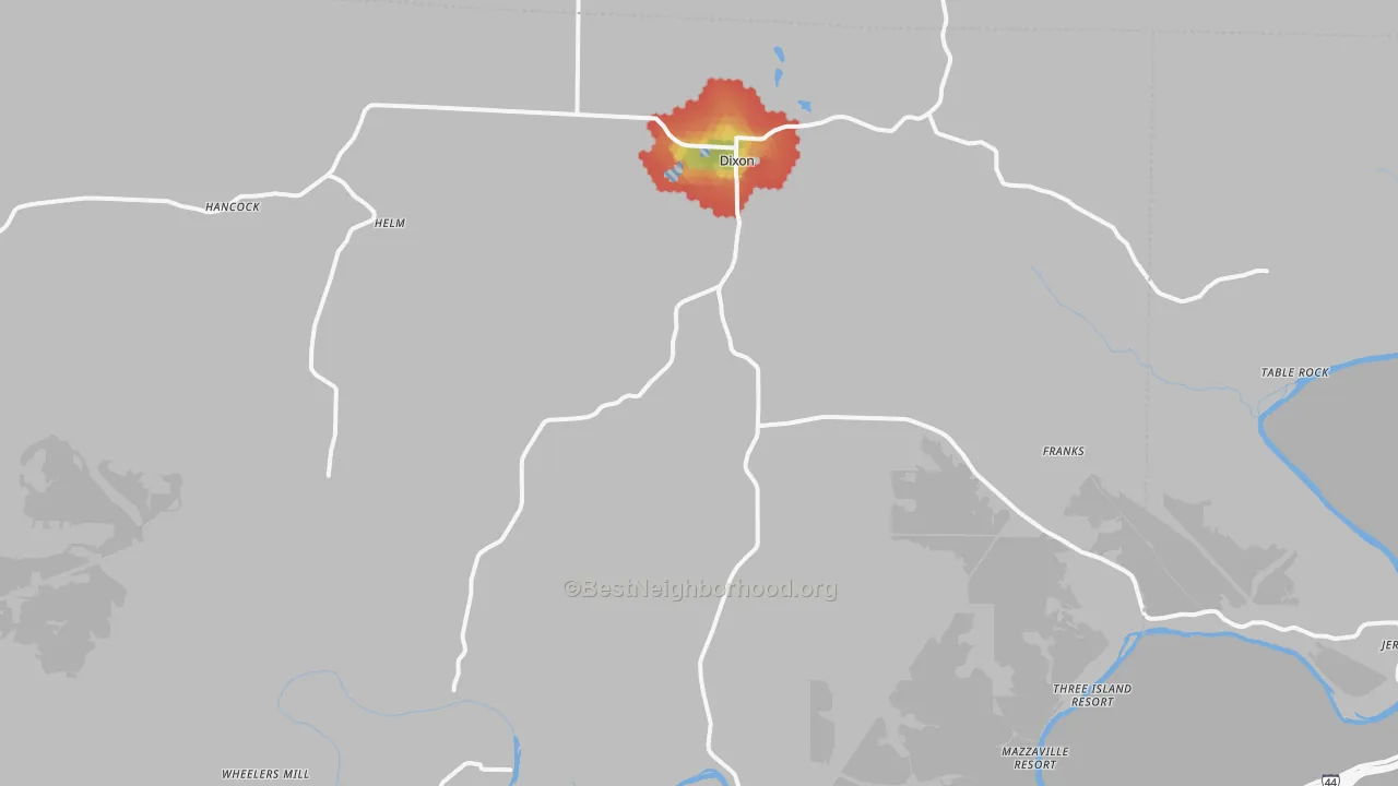 Walk Grade map of Dixon, MO, walkable areas in green and car-dependent areas in red