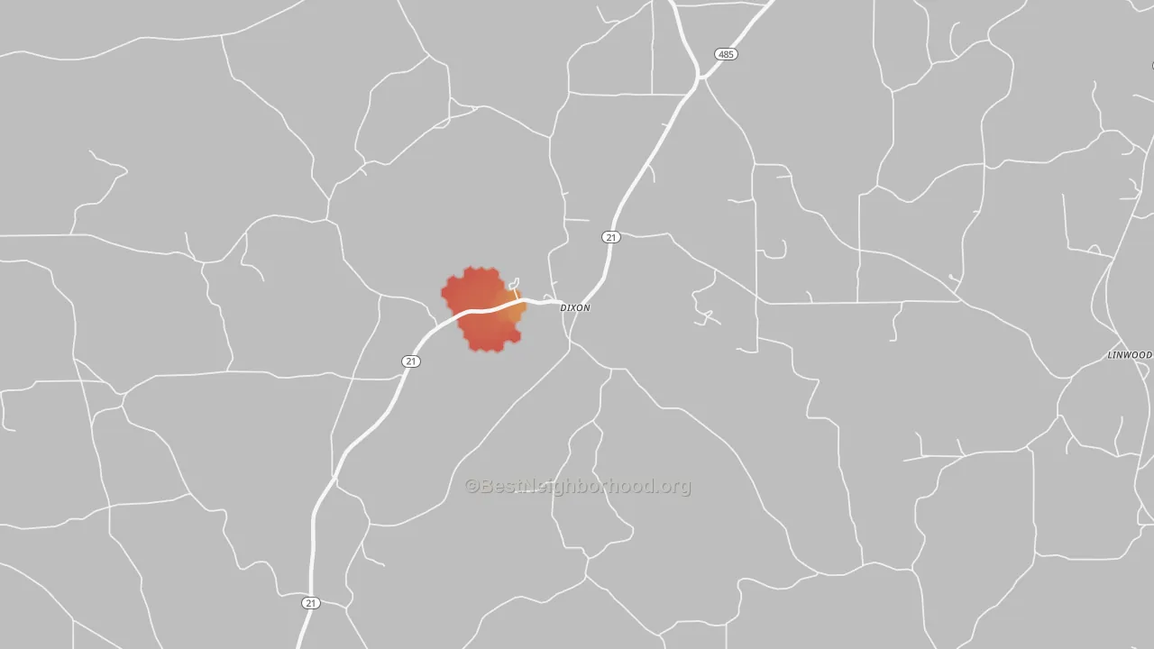 Walk Grade map of Dixon, MS, walkable areas in green and car-dependent areas in red