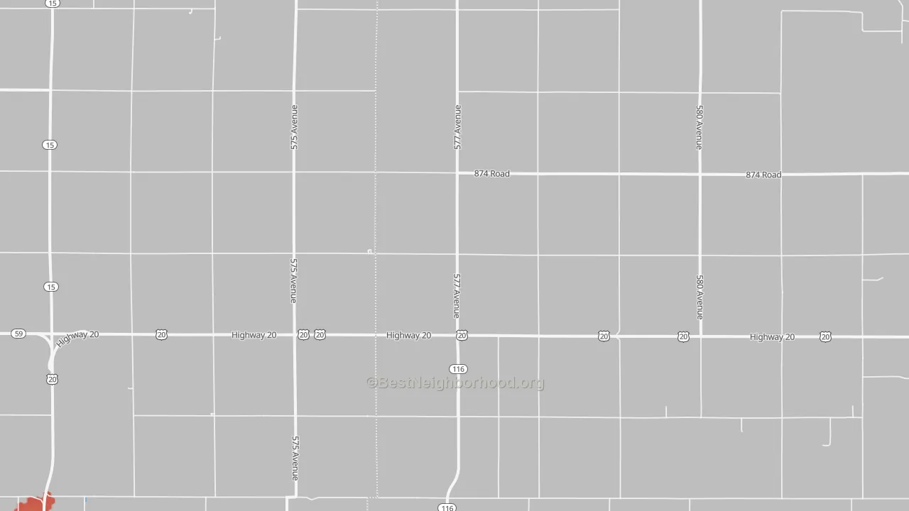 Walk Grade map of Dixon, NE, walkable areas in green and car-dependent areas in red