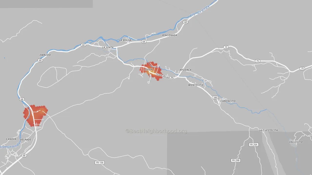 Walk Grade map of Dixon, NM, walkable areas in green and car-dependent areas in red
