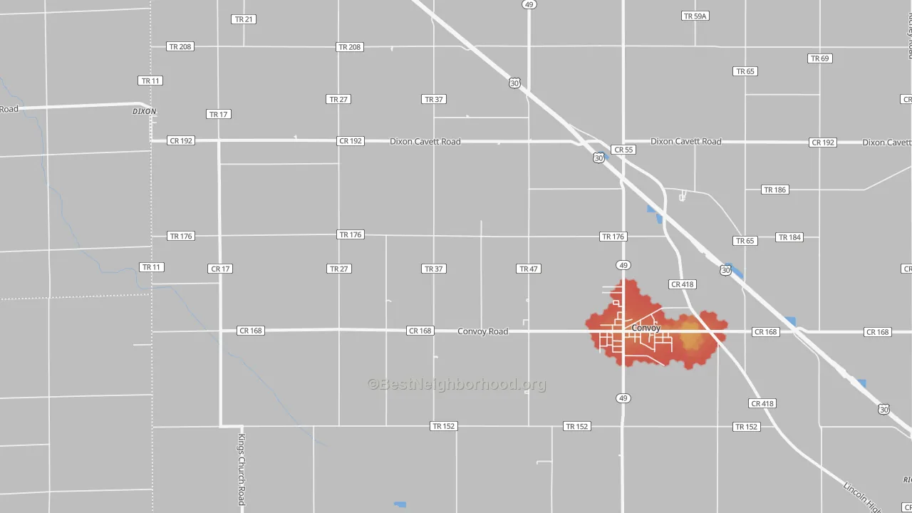 Walk Grade map of Dixon, OH, walkable areas in green and car-dependent areas in red
