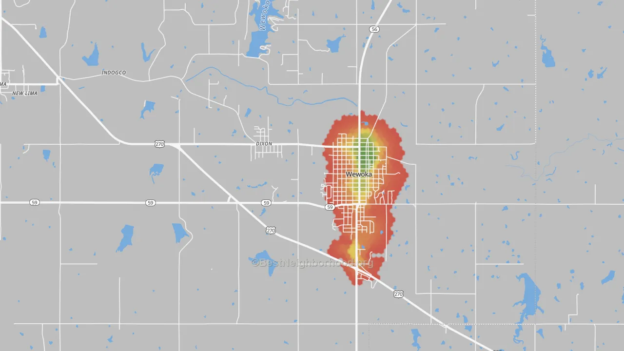 Walk Grade map of Dixon, OK, walkable areas in green and car-dependent areas in red