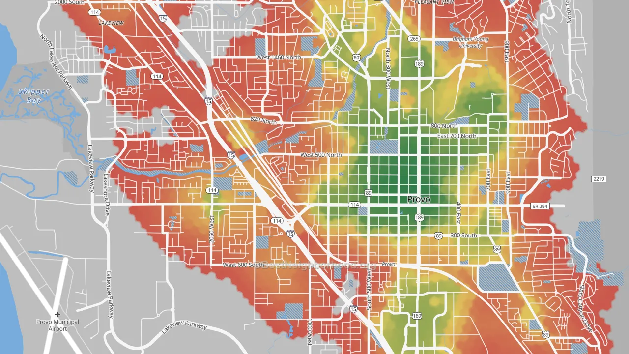 Walk Grade map of Dixon, Provo, UT, walkable areas in green and car-dependent areas in red