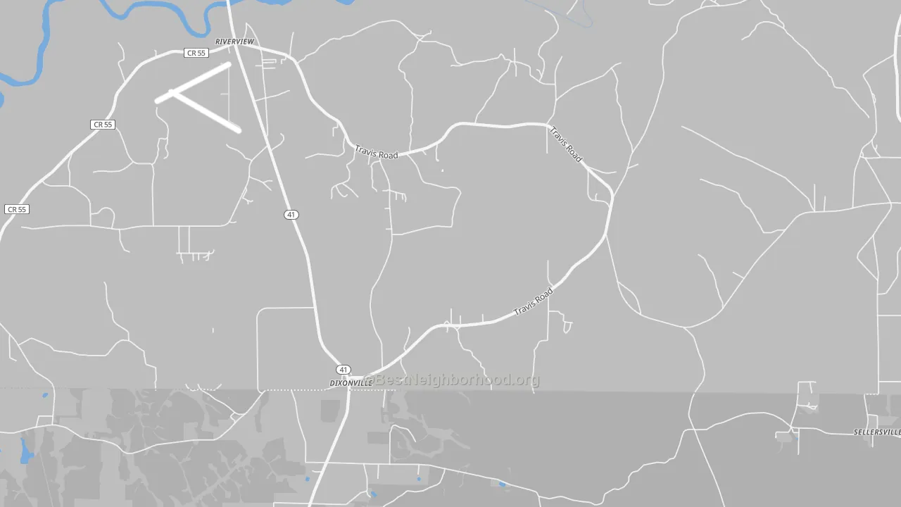 Walk Grade map of Dixonville, AL, walkable areas in green and car-dependent areas in red