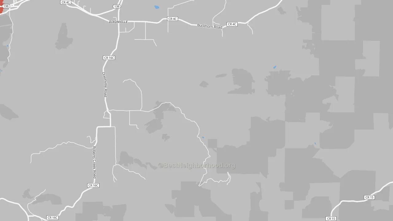 Walk Grade map of Dixonville, OR, walkable areas in green and car-dependent areas in red