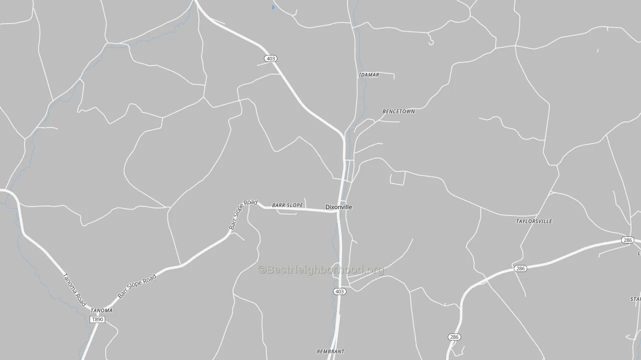 Walk Grade map of Dixonville, PA, walkable areas in green and car-dependent areas in red